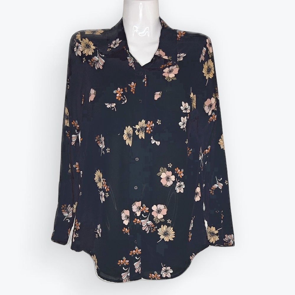 Who What Wear Black Floral Button-Down Top Blouse (Size S)